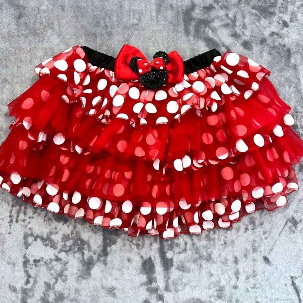 Disney Minnie Mouse Red Polka Dot Ruffle Tutu Skirt Sequin Bow Costume